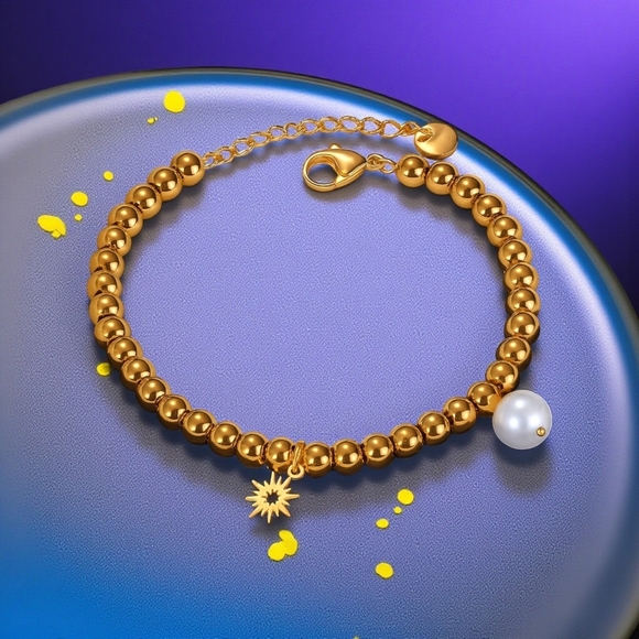 🆕️18K Gold Plated Stainless Steel Beaded Bracelet with Sun & Pearl Charms ✨ - Picture 1 of 14